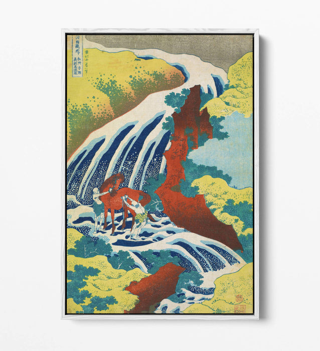 HOKUSAI YOSHITSUNE FALLS -FLOAT EFFECT CANVAS WALL ART PIC PRINT- GREEN RED
