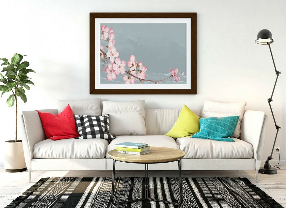 CHERRY BLOSSOM -FRAMED POSTER WALL ART PRINT ARTWORK- BLUE GREY PINK