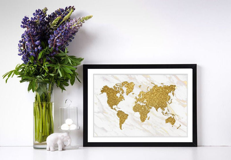 Marble Gold World Map Canvas Wall Art - Deep Framed UK Handmade Painting