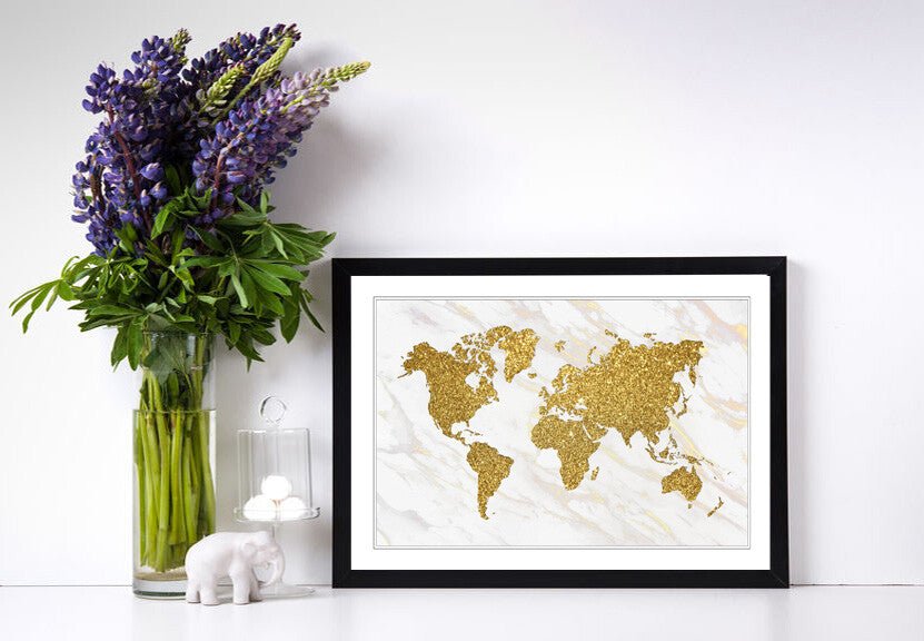 Marble Gold World Map Canvas Wall Art - Deep Framed UK Handmade Painting