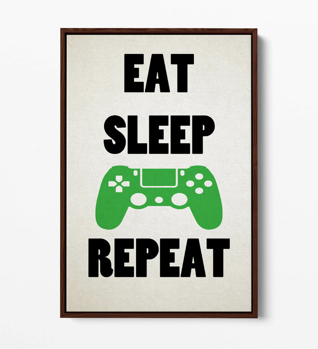 "EAT SLEEP GAME REPEAT" FUNNY GAMER QUOTE -FLOAT EFFECT CANVAS WALL ART PRINT