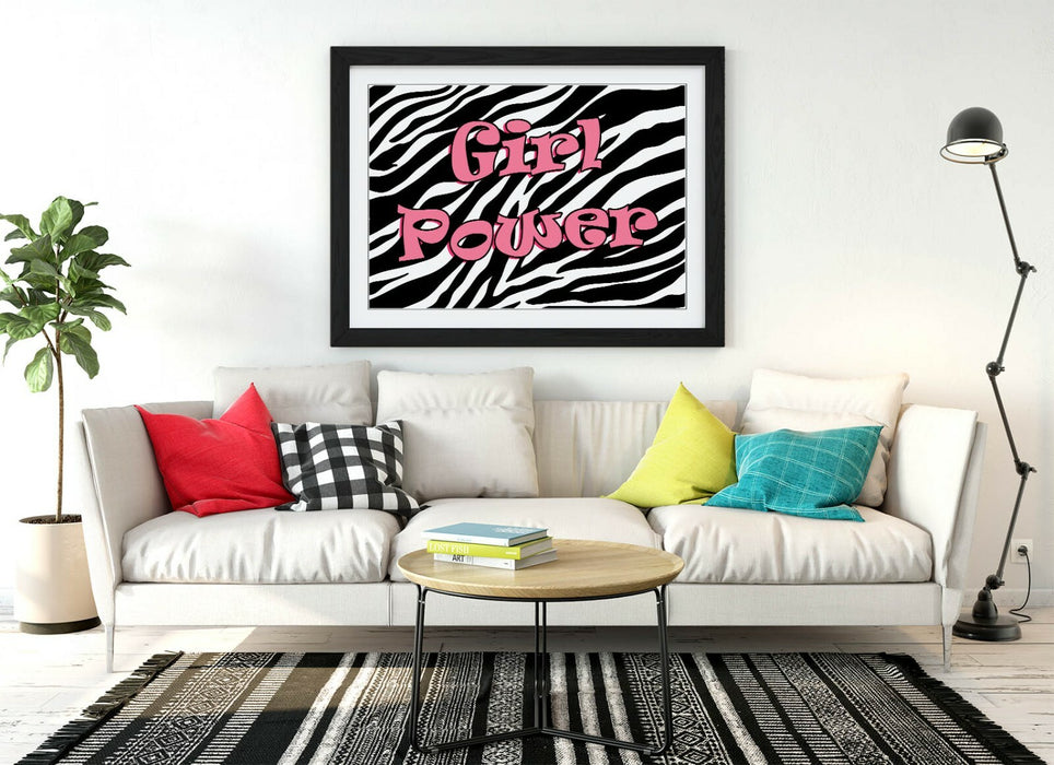 "GIRL POWER" FUNKY Y2K FEMINIST QUOTE ZEBRA -FRAMED WALL ART PICTURE PRINT- PINK