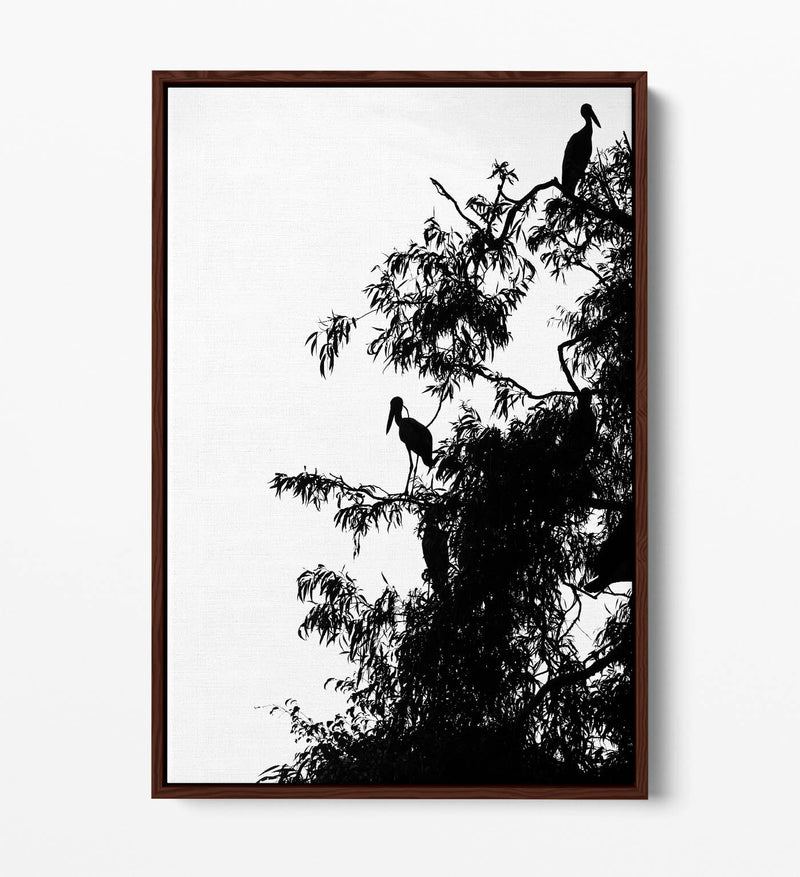 Canvas Wall Art – Bird Silhouette on Tree | Handmade Float Effect Frame, Premium Varnish Finish