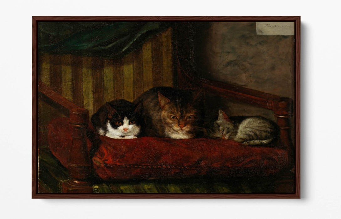 Float Effect Canvas Art - Cat With Kittens Handmade Wall Print, Premium Varnish Finish