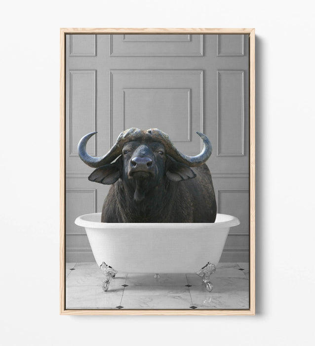 WATER BUFFALO IN BATHTUB -QUIRKY BATHROOM FLOAT EFFECT CANVAS WALL ART PRINT