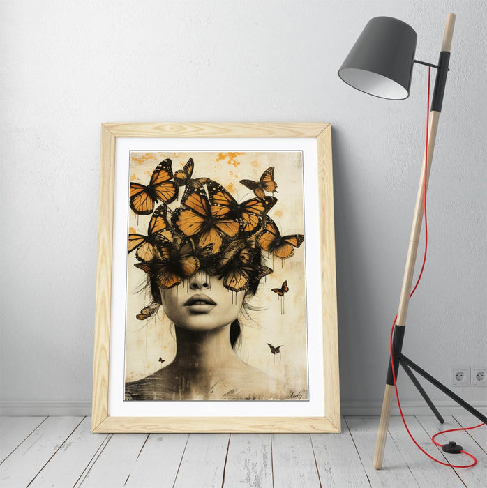 Framed Wall Art Poster – Woman Butterfly Portrait Print with Natural Wood Frame