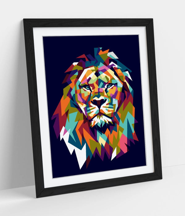 Geometric Lion Wall Art - Framed Multi Size Lion Head Print With Woodgrain Frame