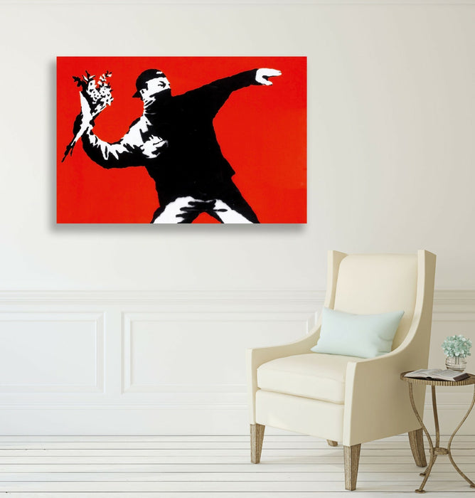 BANKSY LOVE IS IN THE AIR FLOWER CANVAS WALL ART PRINT ARTWORK GRAFFITI RED