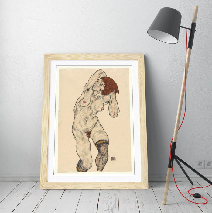 Framed Art Poster - Nude Art Print with Black Stockings | Matte Paper, Wood Grain Frame