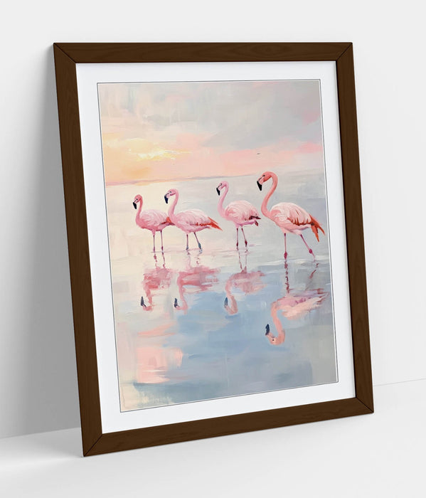 Pink Flamingo Wall Art – Framed Pastel Flamingo Print in Natural Wood Frame