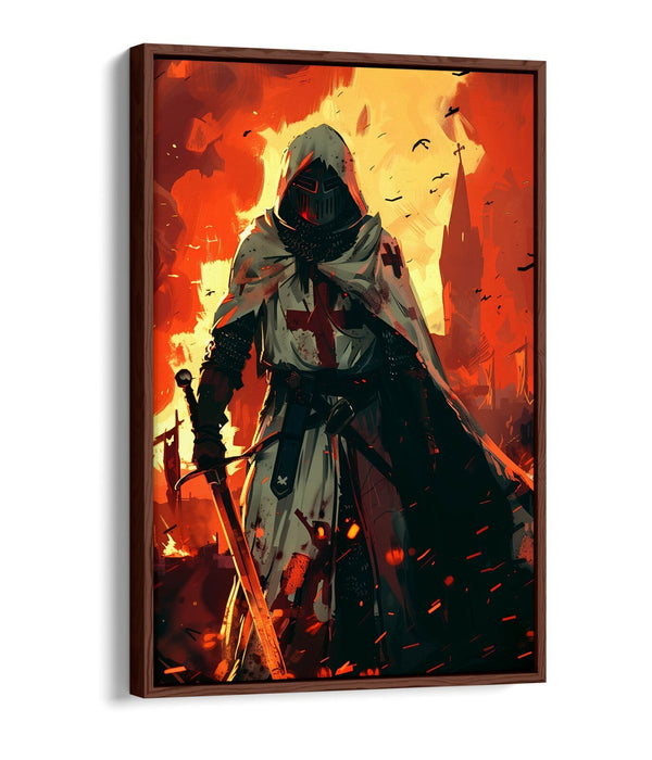 Medieval Canvas Art - Knight Wall Decor With Burning City Float Effect Print