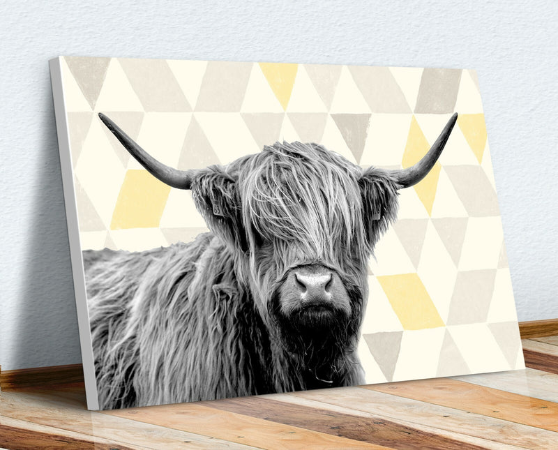 Highland Cow Canvas | Handmade Canvas Wall Art - Geometric Yellow Grey Print