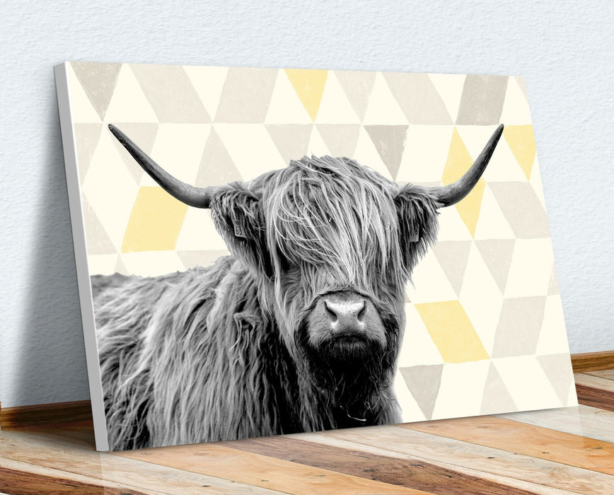 Highland Cow Canvas | Handmade Canvas Wall Art - Geometric Yellow Grey Print