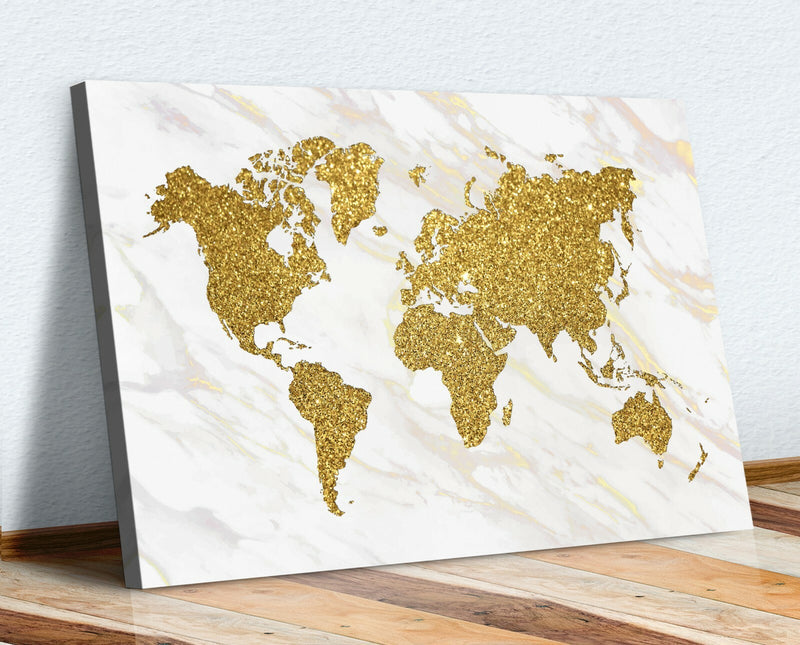 Marble Gold World Map Canvas Wall Art - Deep Framed UK Handmade Painting
