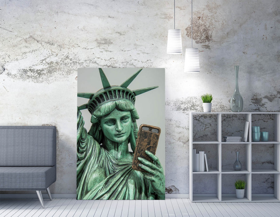 Funny Canvas Wall Art – Statue Of Liberty Holding Phone | Unique Handmade Print