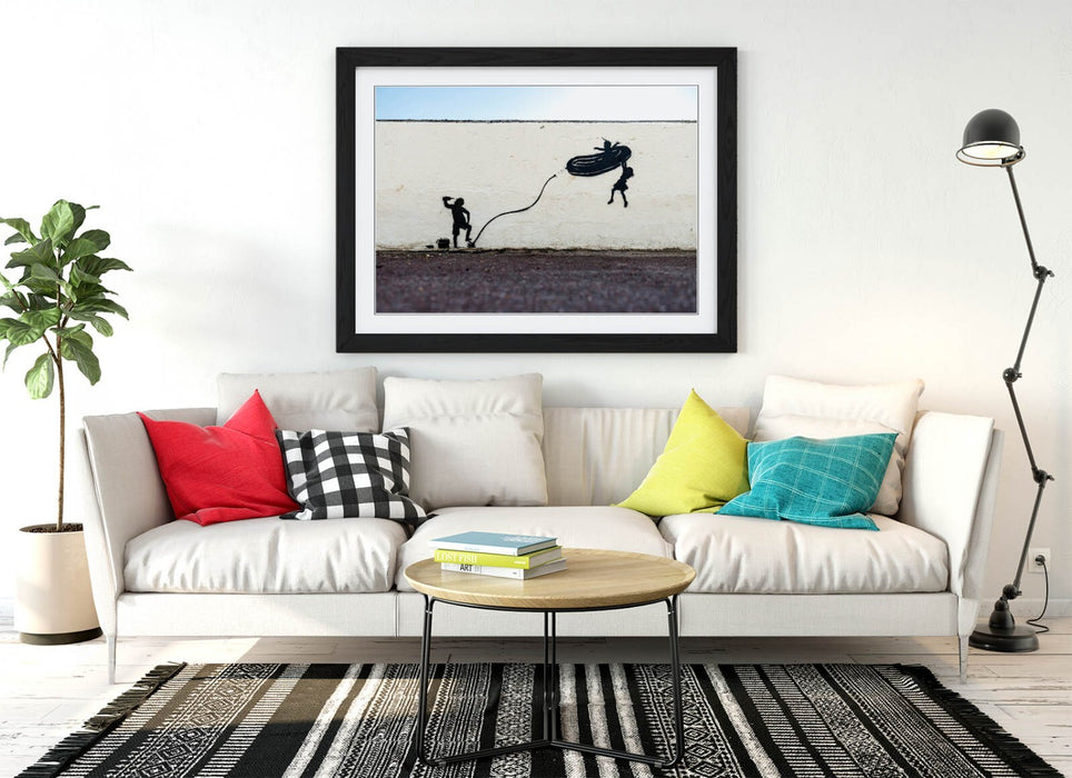 Banksy Dinghy Graffiti Art - Framed Wall Art Poster Print With Woodgrain Frame
