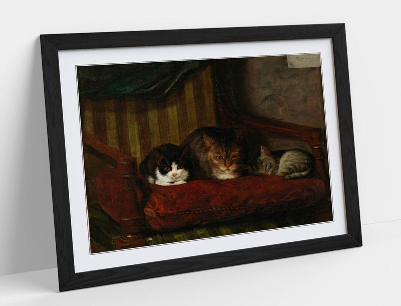 Cute Cat Wall Art – 'Adolf von Becker, Cat with Kittens' Framed Wall Art Poster Paper Print Cats & Kittens – Handmade Decor