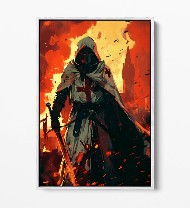 Medieval Canvas Art - Knight Wall Decor With Burning City Float Effect Print