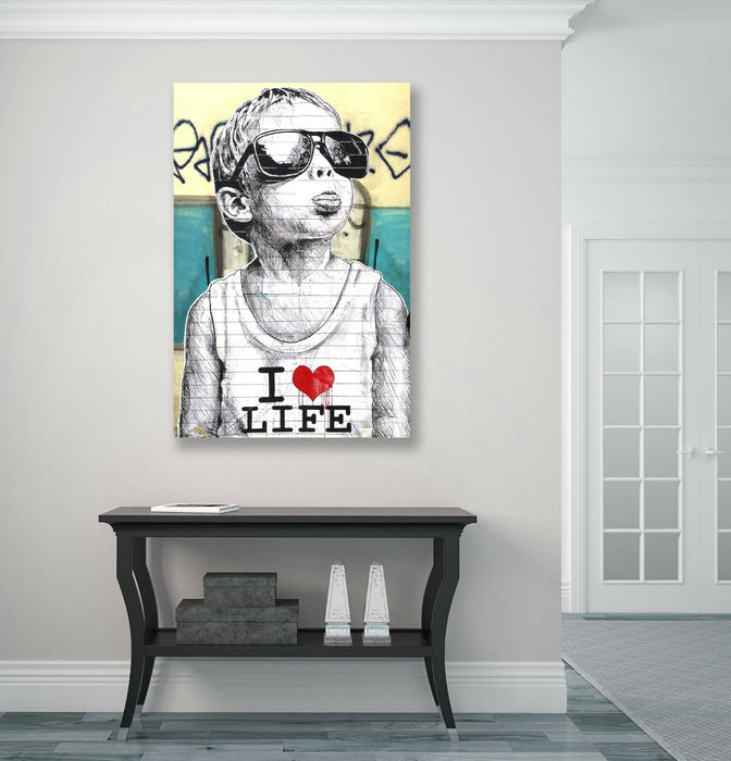 BANKSY I LOVE LIFE BOY CANVAS STREET WALL ART PRINT ARTWORK YELLOW TEAL
