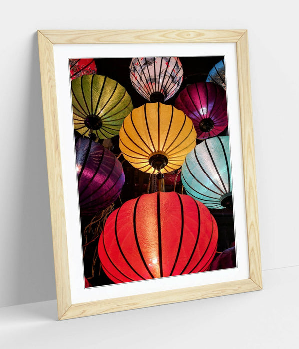 CHINESE LANTERNS -FRAMED POSTER WALL ART PRINT ARTWORK- RED YELLOW BLUE GREEN