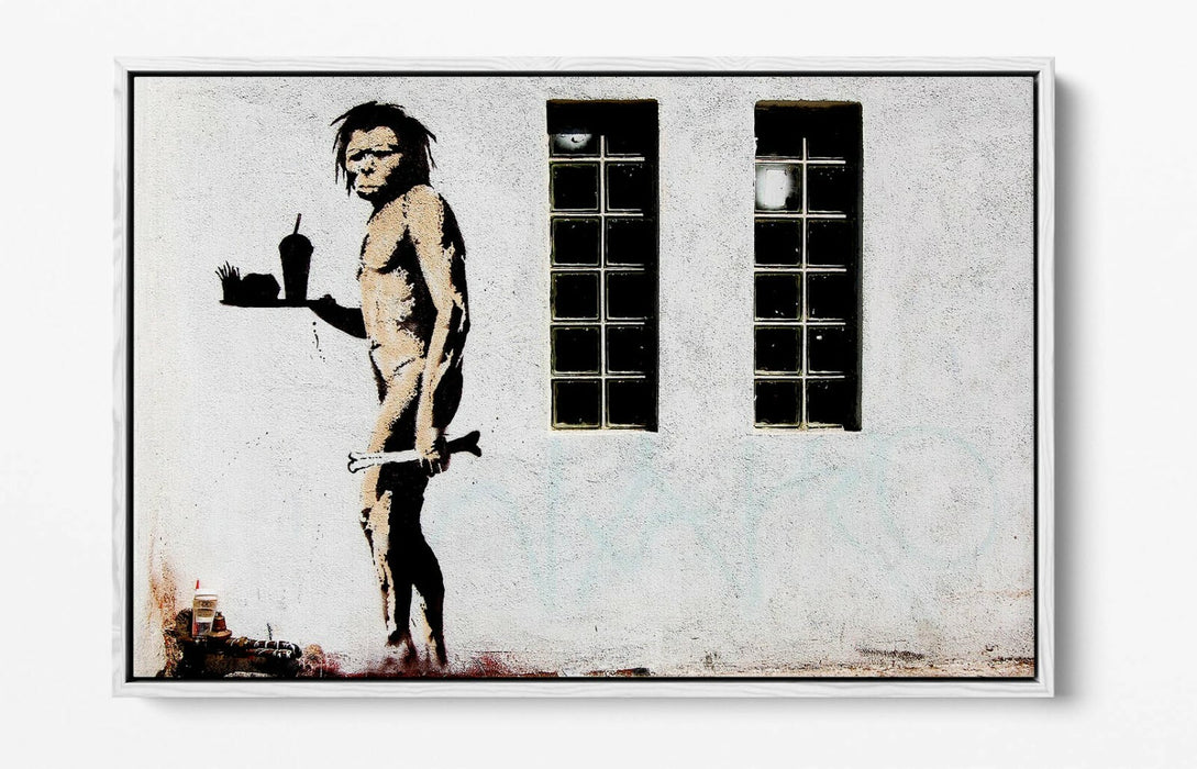 BANKSY FAST FOOD CAVEMAN -FLOAT EFFECT CANVAS WALL ART PIC PRINT- GREY BLACK