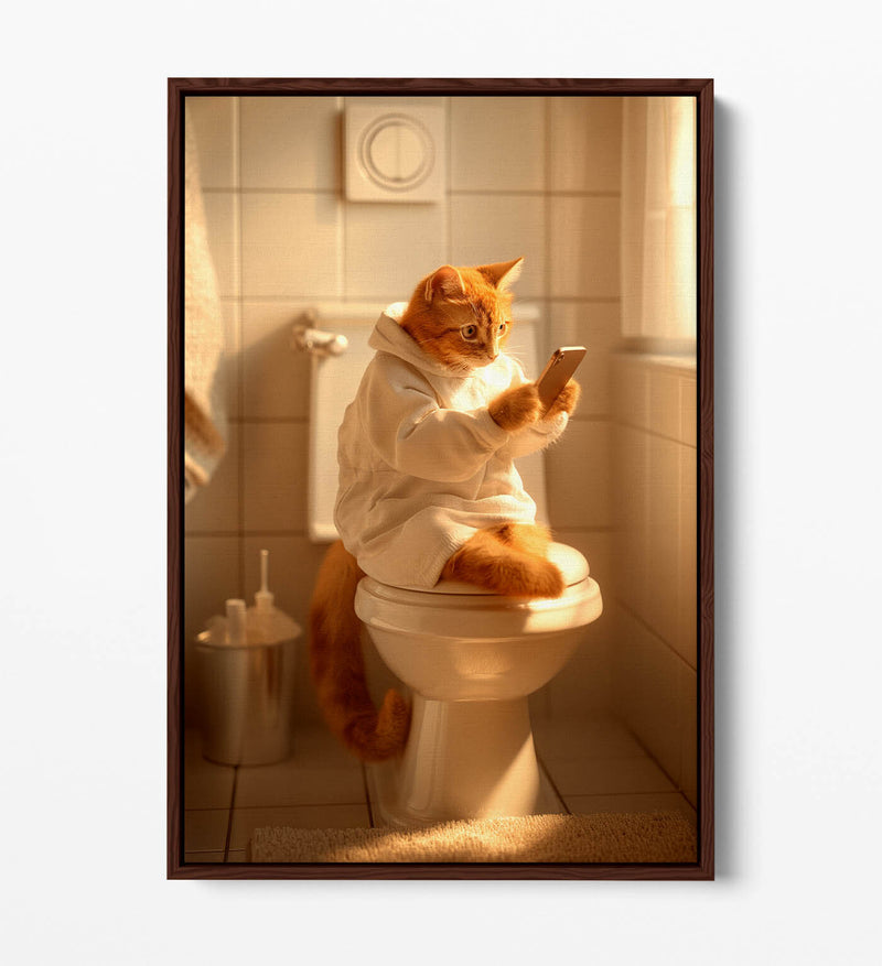 Funny Bathroom Canvas - Cat Wearing Robe Toilet Humor Artwork | Premium Float Effect Print