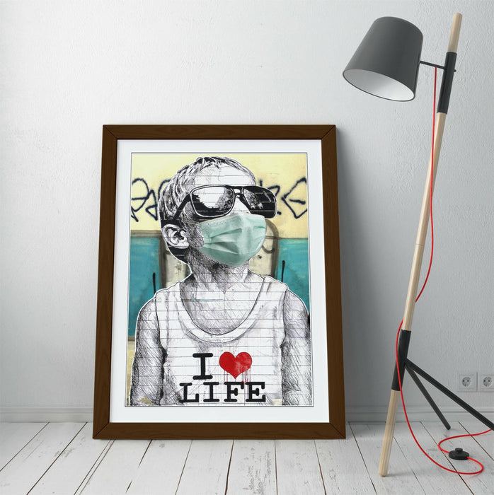 BANKSY I HEART LIFE BOY MASK -FRAMED POSTER WALL ART PRINT ARTWORK- BLUE GREY