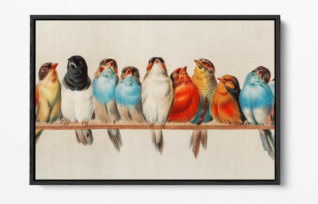 BIRDS ON A PERCH VINTAGE ART -FLOAT EFFECT CANVAS WALL ART PIC PRINT- RED BLUE