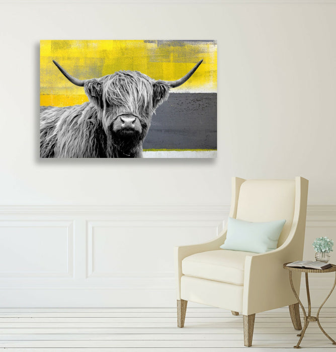 Highland Cow Canvas – Yellow Grey Abstract Animal Wall Art Print | Premium Canvas