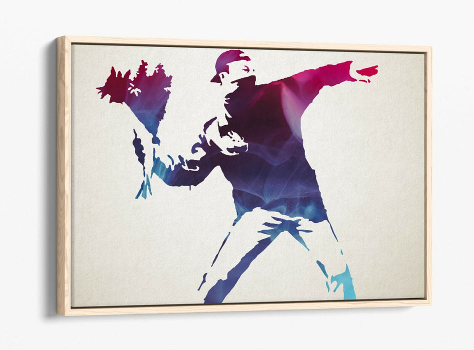 BANKSY, FLOWER THROWER PURPLE -FLOAT EFFECT CANVAS WALL ART PRINT