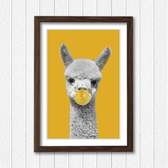 Framed Poster Wall Art – Happy Alpaca Print With Mustard Yellow Decor & Woodgrain Frame