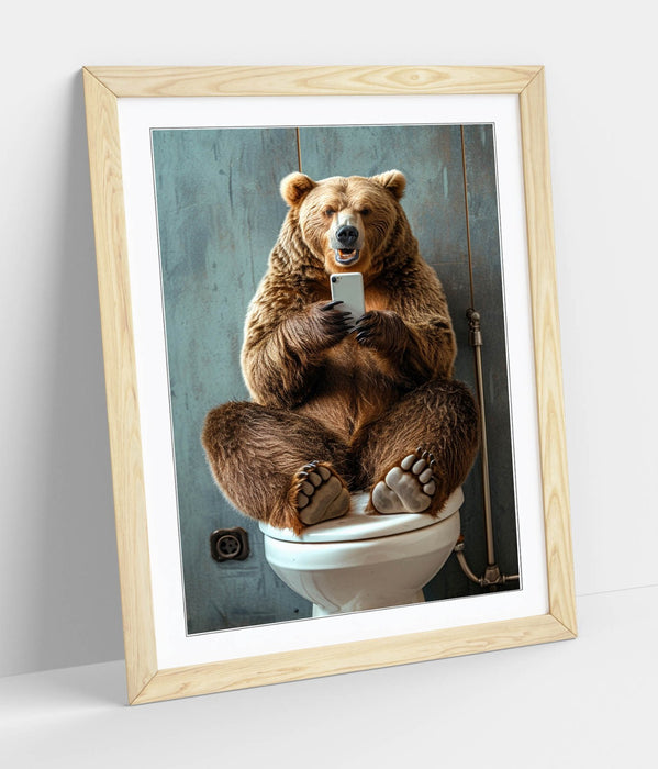 Funny Bear Wall Art - Framed Bathroom Decor With Wood Grain Frame & Matte Paper Print