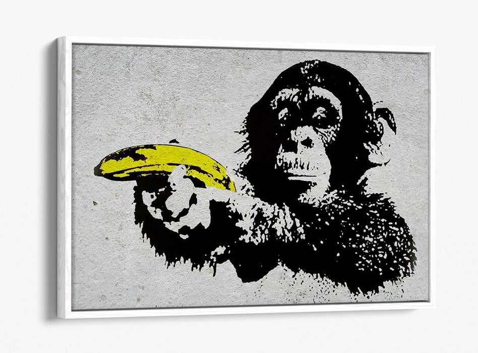 BANKSY MONKEY BANANA GUN -FLOAT EFFECT CANVAS WALL ART PIC PRINT- YELLOW BLACK