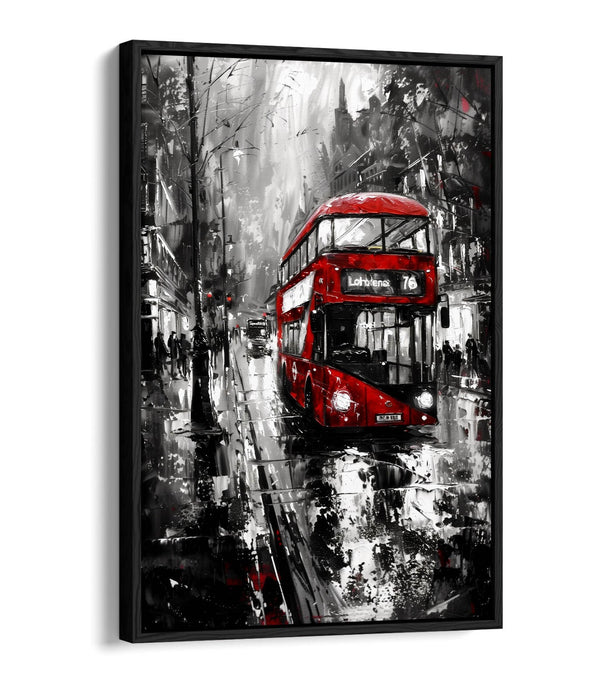 Canvas Wall Art - Black White Cityscape Red Bus Print | Handmade Premium Float Effect