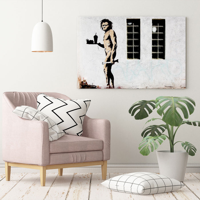 BANKSY FAST FOOD CAVEMAN CANVAS WALL ART PRINT ARTWORK GRAFFITI DEEP FRAMED