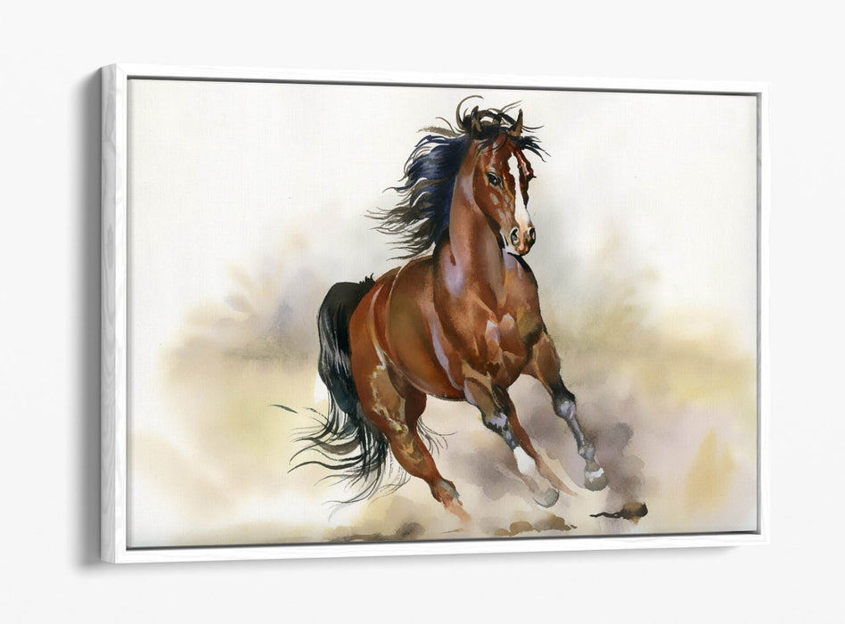 Horse Canvas Art – Majestic Running Brown Horse Watercolour Print on Float Effect Canvas