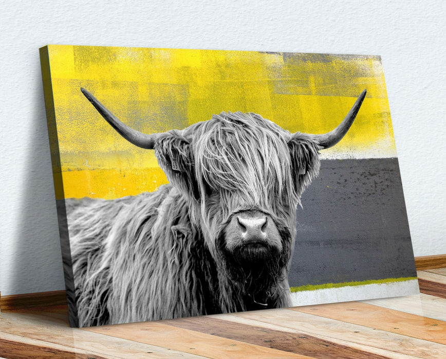 Highland Cow Canvas – Yellow Grey Abstract Animal Wall Art Print | Premium Canvas