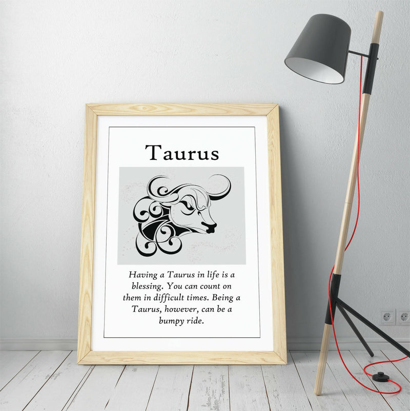 Taurus Star Sign Art | Framed Astrology Quote with Natural Wood Grain Frame