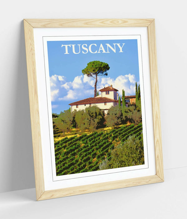 VINTAGE RETRO TUSCANY TRAVEL POSTER -FRAMED WALL ART PICTURE PRINT- BLUE