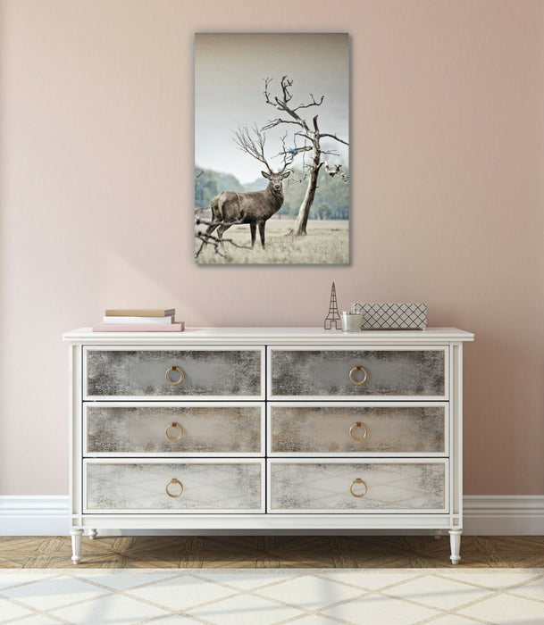 Canvas Wall Art – Deer Stag Tree Horn Print with Blue Bird Abstract Artwork