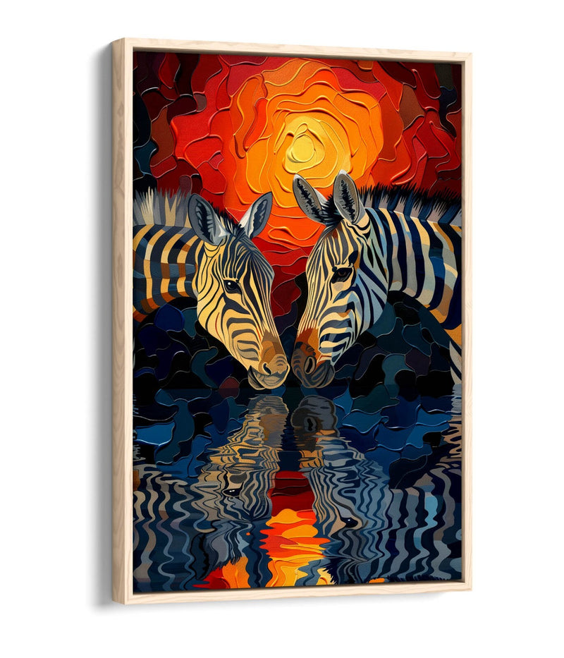 Canvas Wall Art Featuring Two Zebras | Handmade Float Effect Sunset Print