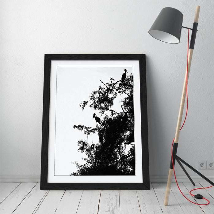 Bird Silhouette Wall Art - Framed Wall Poster | Black Bird Tree Artwork, Matte Finish