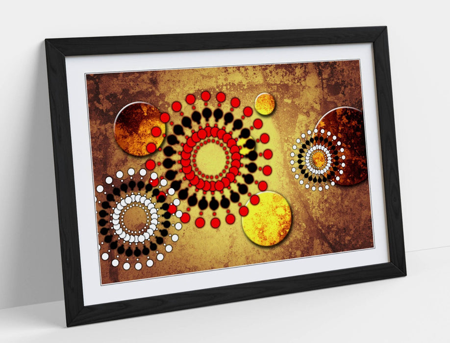 Framed Poster Print - Red Sun Abstract Wall Art With Woodgrain Frame Design