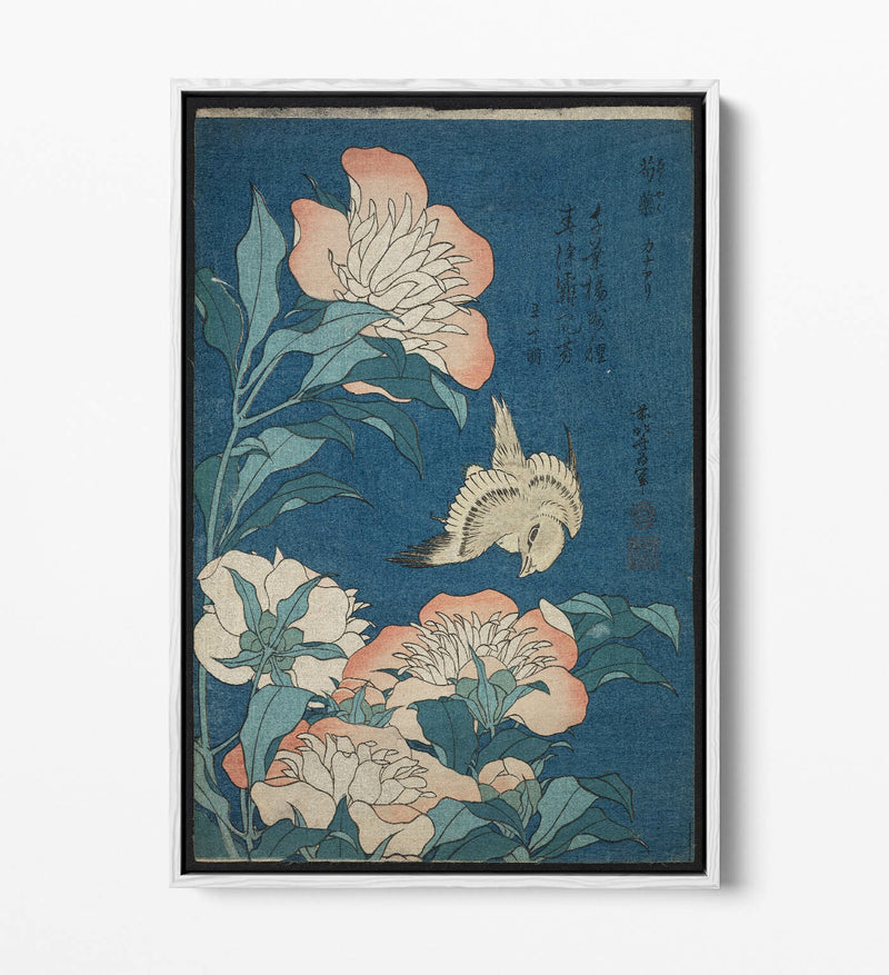 Canvas Wall Art - Hokusai Japanese Print With Peonies & Canary Float Frame