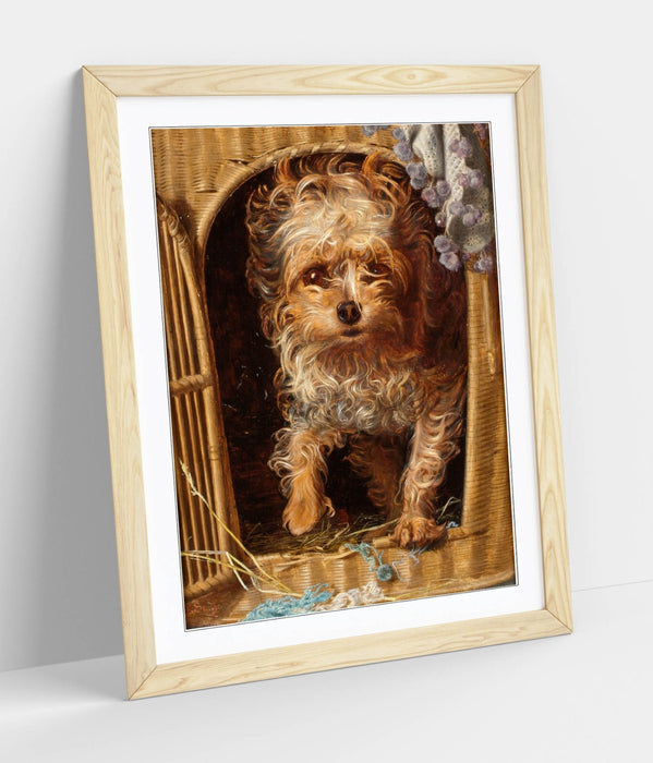 Framed Art Poster - Darby In Basket Wall Art Print With Woodgrain Frame