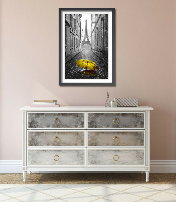 Paris Umbrella Art – Framed Wall Art Black and White Poster with Yellow Umbrella Print
