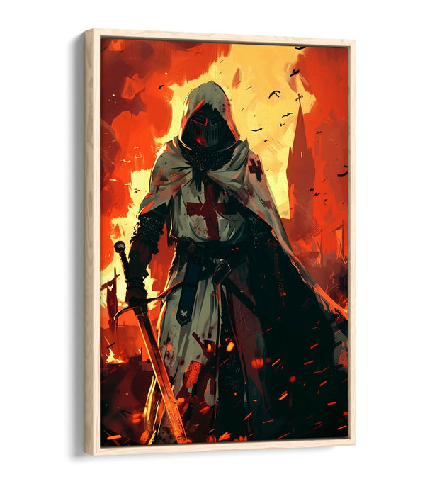 Medieval Canvas Art - Knight Wall Decor With Burning City Float Effect Print