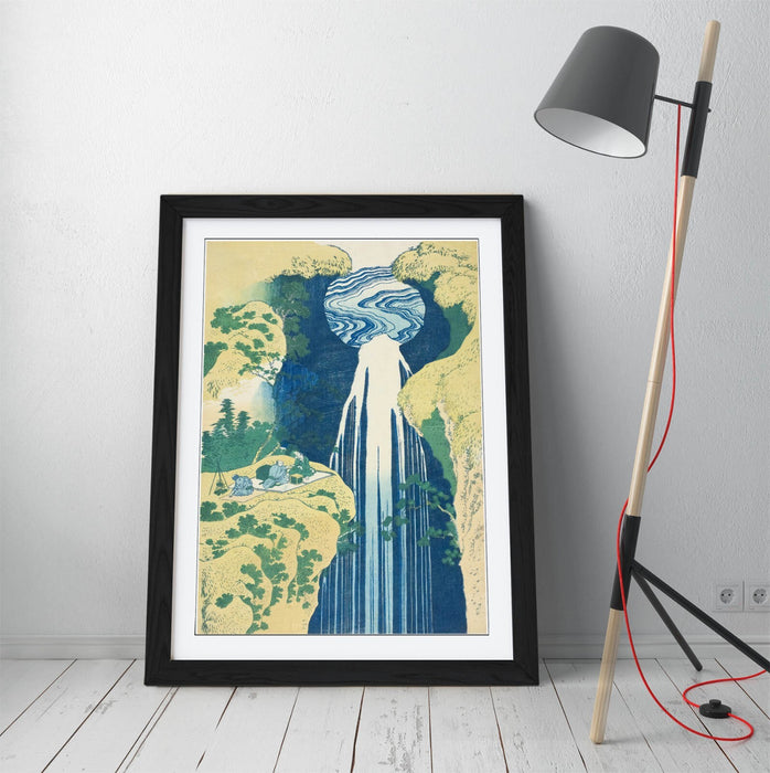 Framed Art Poster – Hokusai Amida Falls Artwork with Wood Grain Frame, Matte Paper Print