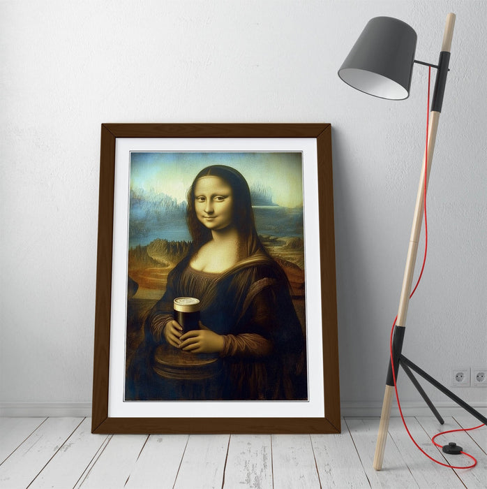 Funny Framed Wall Art – Mona Lisa Holding Pint of Stout | Handmade UK Poster Print