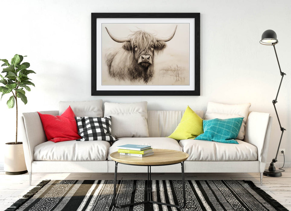 Highland Cow Wall Art – Framed Charcoal Sketch Print on Matte Paper, Handmade UK